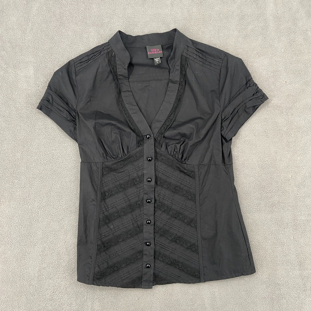 Vintage Y2K 2B Bebe Shirt Sz S Black Cotton Stretch Lace Detail V Neck Babydoll